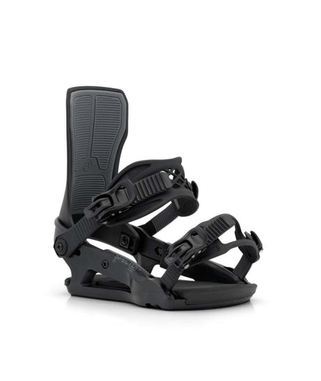 SpecterJr.- Black snowboard bindings on a white background