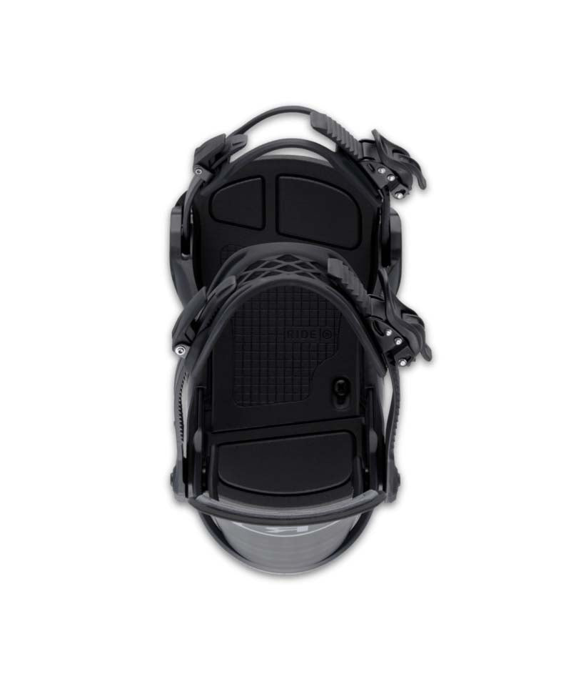 SpecterJr.- Black snowboard bindings on a white background