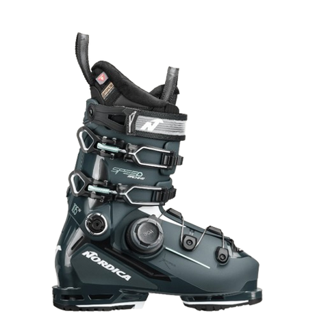 W Speedmachine3BOA105- A single Nordica Speedmachine 3 105 BOA Womens Ski Boot in a dark color, featuring the BOA lacing system and branding on the side.