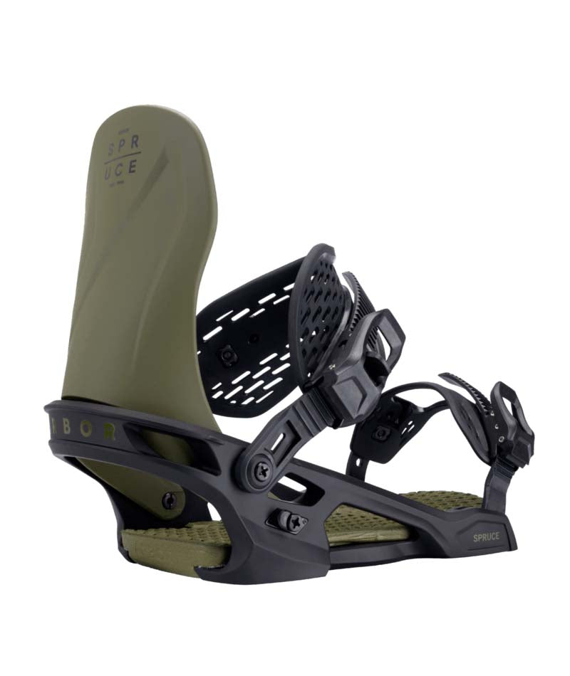Spruce-Black and green snowboard bindings on a white background