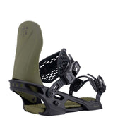 Spruce-Black and green snowboard bindings on a white background