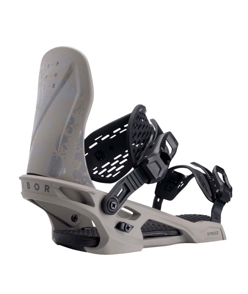 Spruce-Black and grey snowboard bindings on a white background