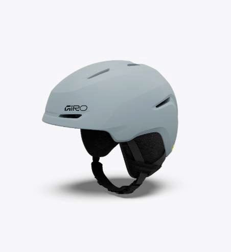 SpurMIPS- Sky blue helmet with black interior and chin strap on a white background