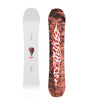 StereoTeam- Two views of a snowboard, one white and one with a red and brown design, on a white background.
