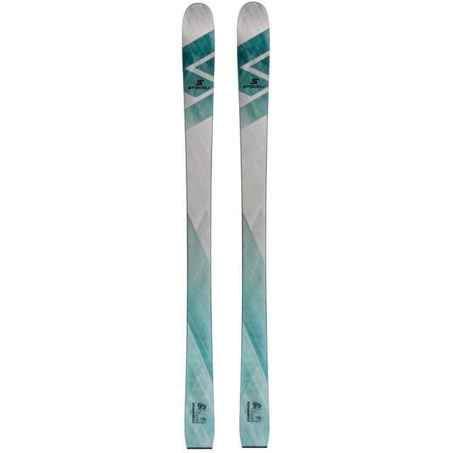 Stormrider95- Silver and teal ski on a white background