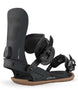 Strata-Black snowboard binding with 'Union' branding on a white background