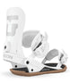 Strata-White snowboard binding with 'Union' branding on a white background