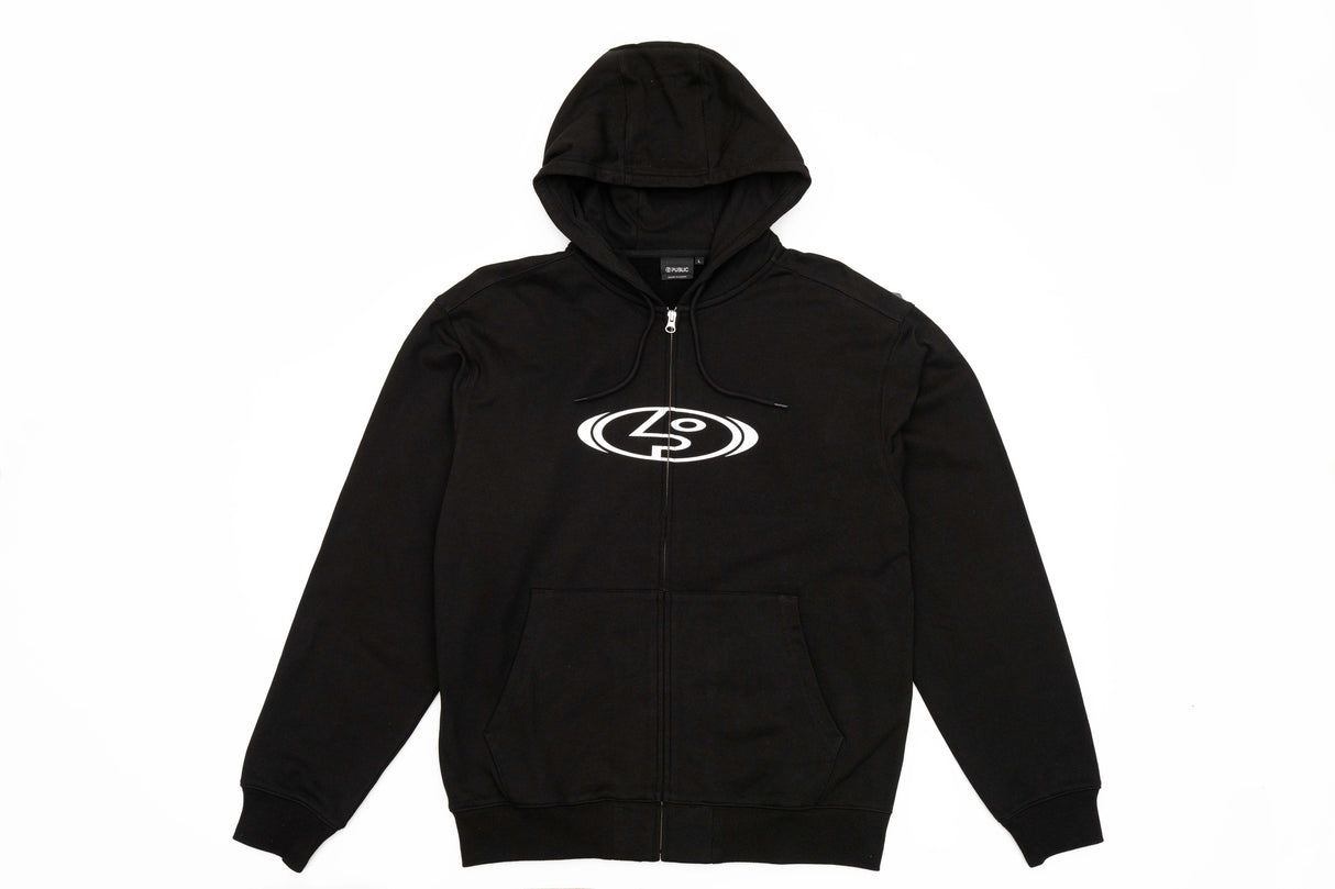 StretchLogoHoody-A black zip-up hoodie with a white circular 'Public' logo printed on the chest, displayed against a solid white background.