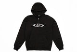 StretchLogoHoody-A black zip-up hoodie with a white circular 'Public' logo printed on the chest, displayed against a solid white background.