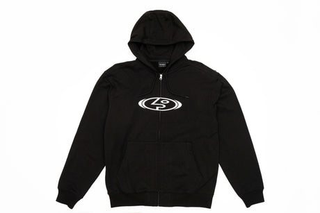 StretchLogoHoody-A black zip-up hoodie with a white circular 'Public' logo printed on the chest, displayed against a solid white background.