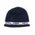 StretchLogoSkully- A dark navy blue knit beanie hat featuring a white horizontal band around the lower half with the word 'PUBLIC' in navy lettering, shown against a plain white background.
