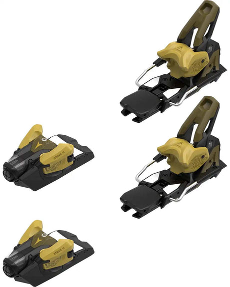 Strive14MN-Set of black and yellow ski bindings on a white background