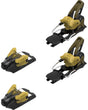 Strive14MN-Set of black and yellow ski bindings on a white background