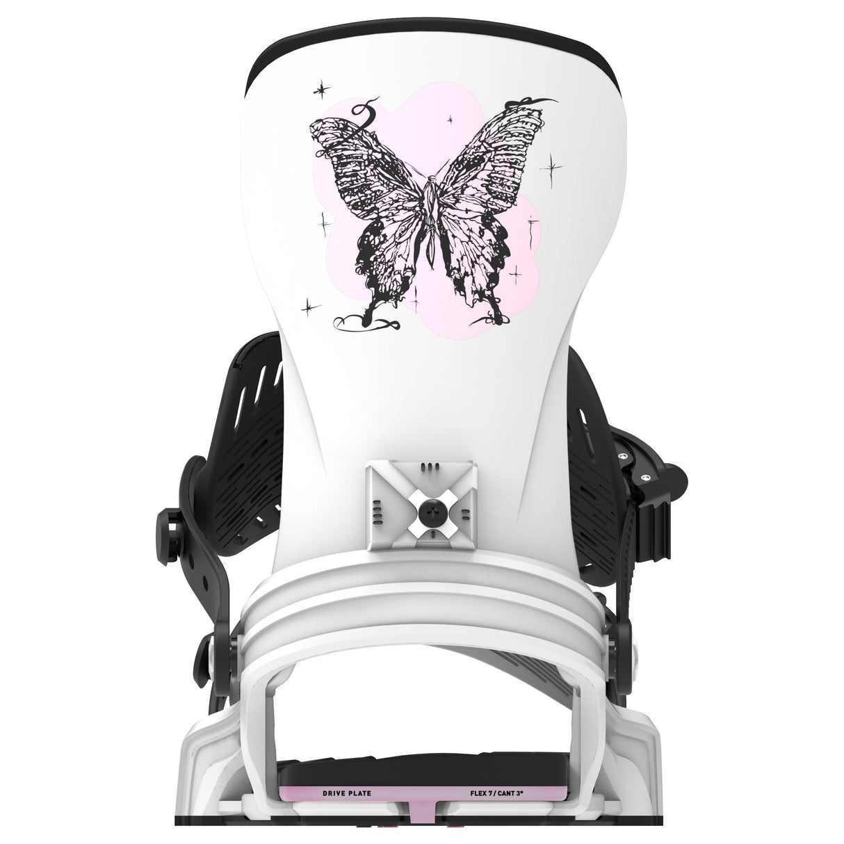 Stylist-White snowboard binding with butterfly design on a white background