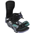 Stylist-Black and gray snowboard binding with purple accents on a white background