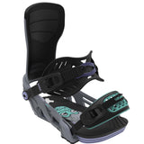 Stylist-Black and gray snowboard binding with purple accents on a white background