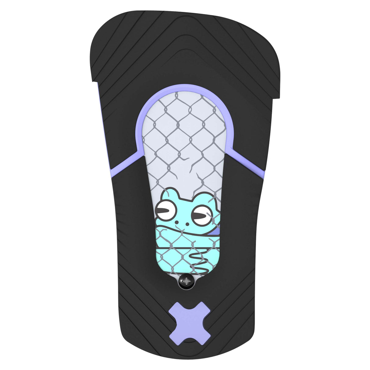 Stylist-Black and gray snowboard binding with purple accents on a white background