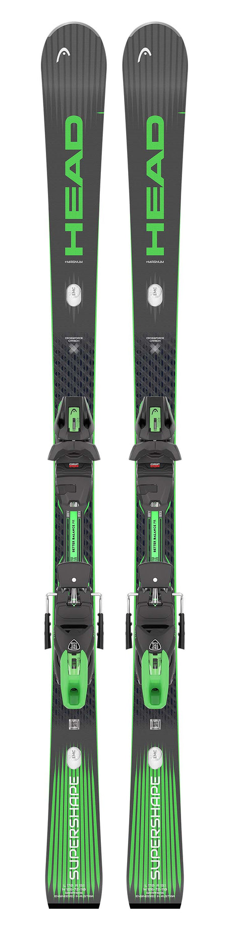 Supershapee-Magnum-Pair of green and black Head skis with bindings on a white background
