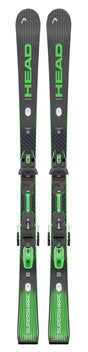 Supershapee-Magnum-Pair of green and black Head skis with bindings on a white background