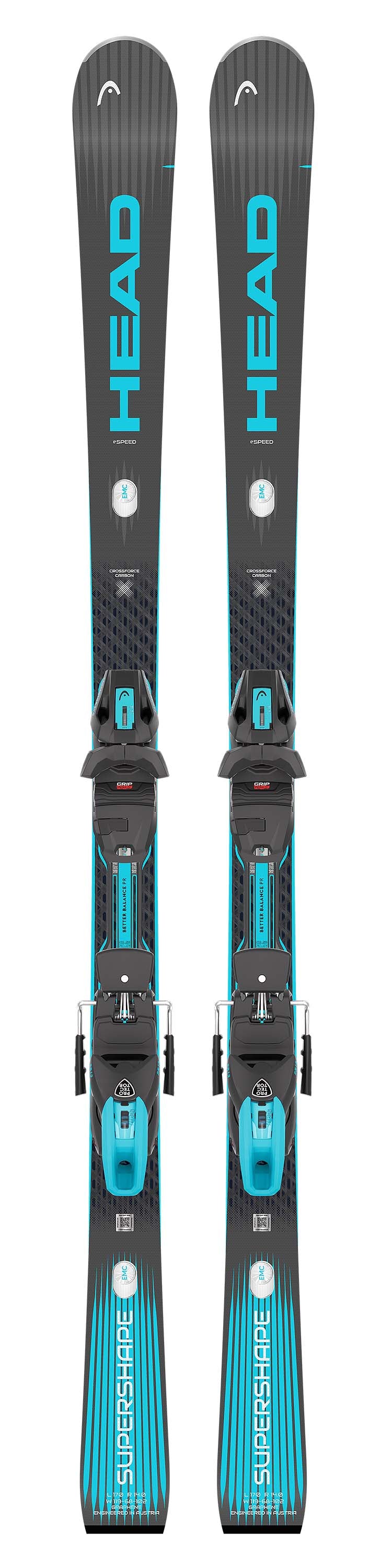 Supershapee-Speed- Pair of black and blue Head skis with bindings on a white background