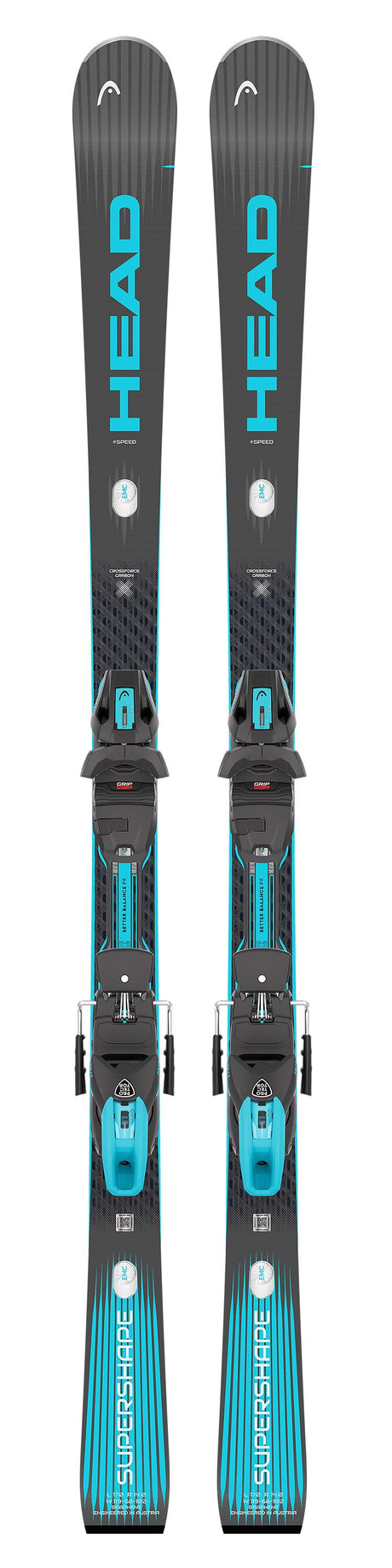 Supershapee-Speed- Pair of black and blue Head skis with bindings on a white background