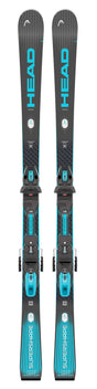Supershapee-Speed- Pair of black and blue Head skis with bindings on a white background
