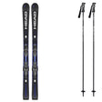 Supershapee-Titanw_ProtectorEVOPR13-A pair of black and blue head ski tips with bindings attached, shown next to a pair of black ski poles on a plain white background.