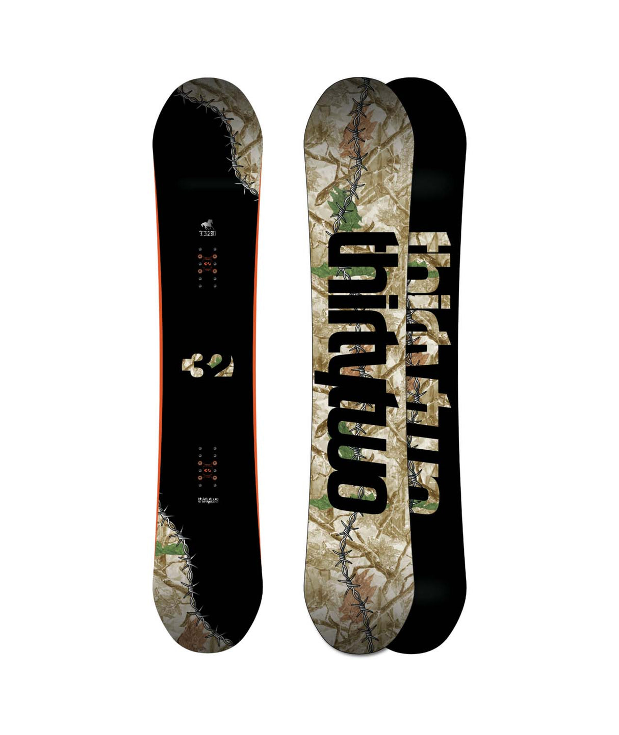 T32M- Two views of a snowboard with different designs on a white background