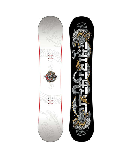 T32MCarbon- Two views of a snowboard with a dragon design on a white background