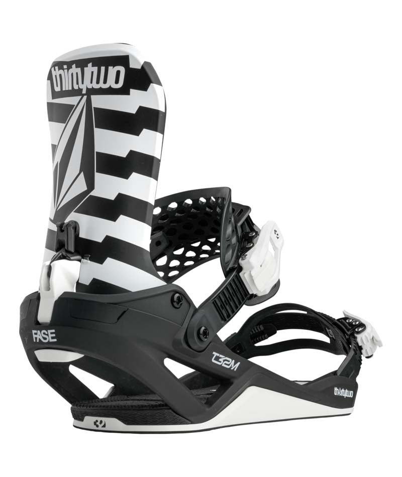 T32MVolcomFase- Black and white snowboard binding with 'thirtytwo' branding on a white background