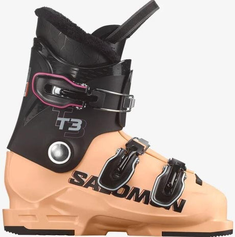 T3-Beige and black ski boot with 'Salomon' branding on a white background