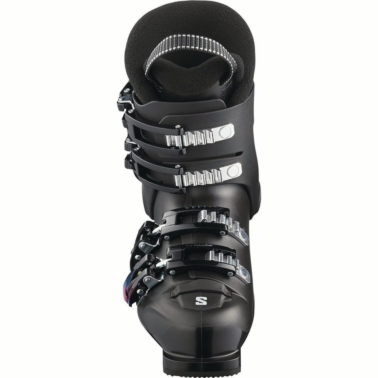T4M- Black ski boot on a white background with Salomon brand.