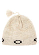 TCNordicTassleBeanie-Beige knit beanie with black logo on a white background