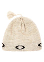 TCNordicTassleBeanie-Beige knit beanie with black logo on a white background