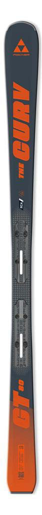 THECURVGT80_RSW11PR- A single ski shown vertically against a plain white background, with a dark gray body and bright orange branding and graphics. The visible text includes 'THECURV' prominently and 'GT80' near the base.