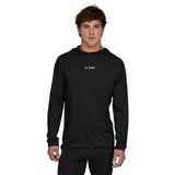 Featherweight Hooded LS Crew-Black hoodie with a small white logo on a white background