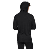Featherweight Hooded LS Crew-Black hoodie with a small white logo on a white background