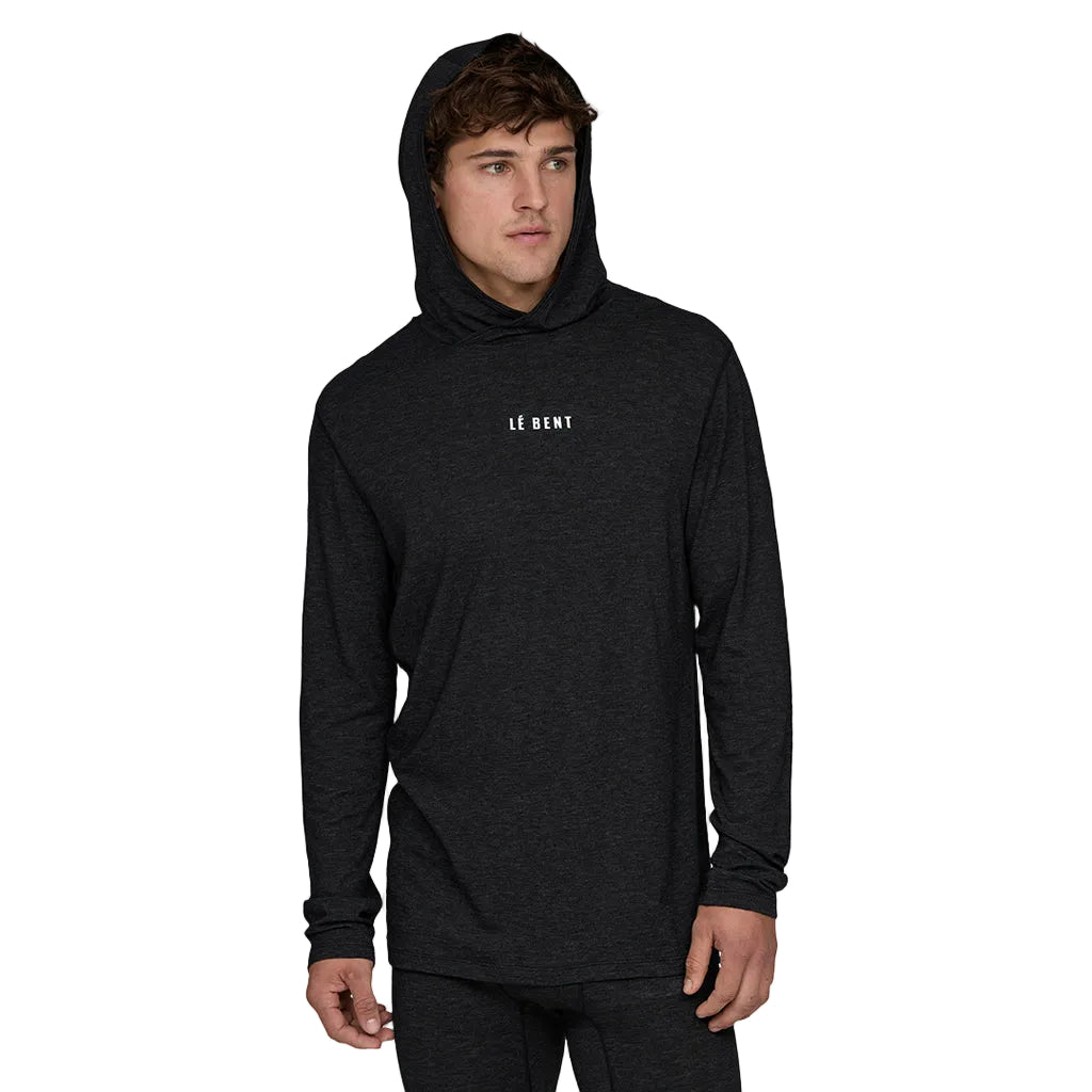 Featherweight Hooded LS Crew-Black hoodie with a small white logo on a white background