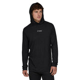 Featherweight Hooded LS Crew-Black hoodie with a small white logo on a white background
