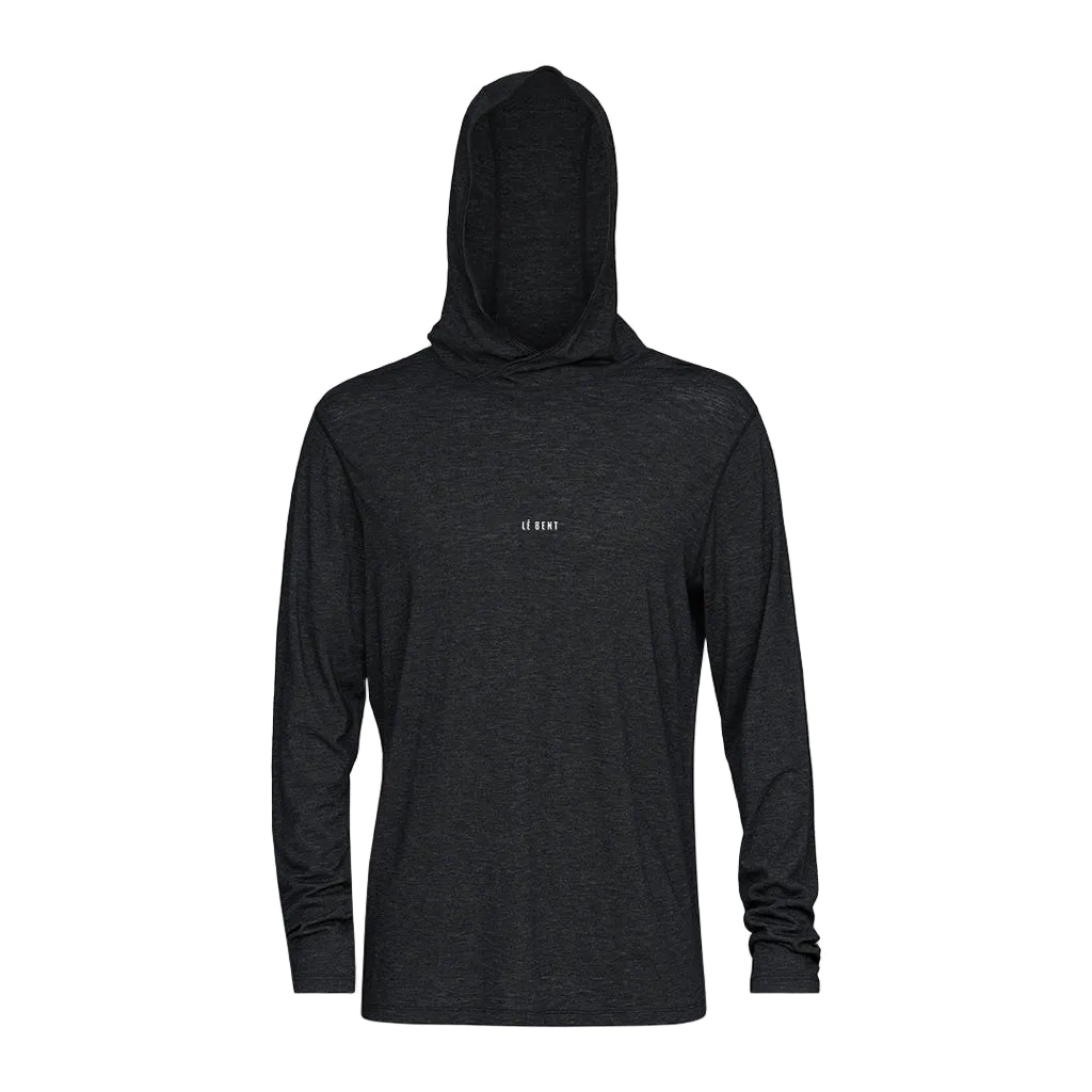 Featherweight Hooded LS Crew-Black hoodie with a small white logo on a white background