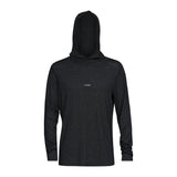 Featherweight Hooded LS Crew-Black hoodie with a small white logo on a white background