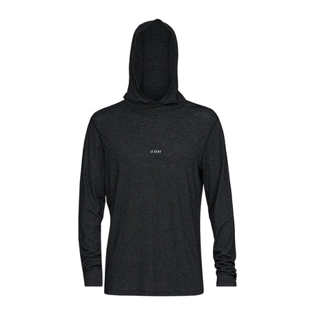 Featherweight Hooded LS Crew-Black hoodie with a small white logo on a white background