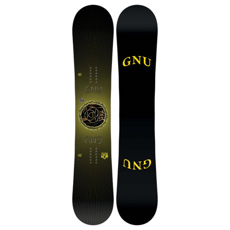 TRE- Black GNU snowboard with gold logo on a white background