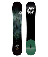 TROOPER- Black snowboard with a forest/woods graphic on the top sheet and a black and green base 
