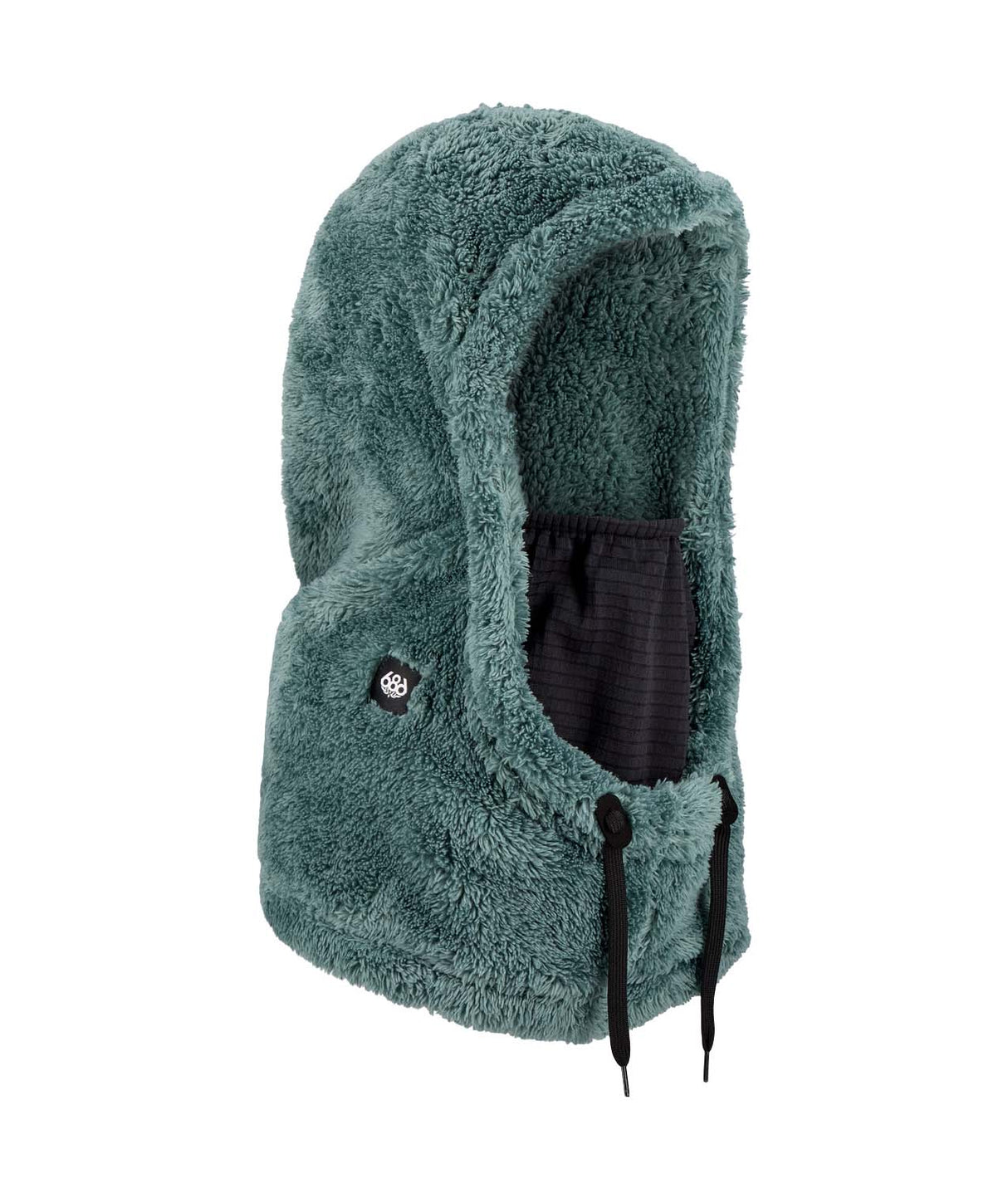 TarmacSherpaHood-Green fleece hood with black drawstrings on a white background
