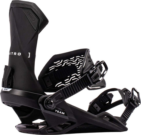 TeamBinding-Black snowboard bindings with Nitro branding on a white background