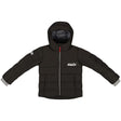 TeamKidsDownJacket- A black puffer jacket with a hood, featuring a silver front zipper, a white 'swix' logo on the left chest, a white logo on the right sleeve, and gray cuff trim, shown against a plain white background.