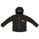 TeamKidsDownJacket- A black puffer jacket with a hood, featuring a silver front zipper, a white 'swix' logo on the left chest, a white logo on the right sleeve, and gray cuff trim, shown against a plain white background.