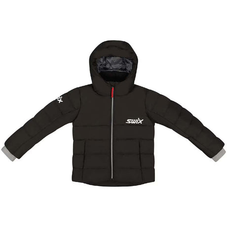 TeamKidsDownJacket- A black puffer jacket with a hood, featuring a silver front zipper, a white 'swix' logo on the left chest, a white logo on the right sleeve, and gray cuff trim, shown against a plain white background.