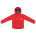 TeamKidsDownJacket- A red puffer jacket with a hood, featuring a white 'swix' logo on the left chest and a white star logo on the right sleeve, displayed flat against a white background.